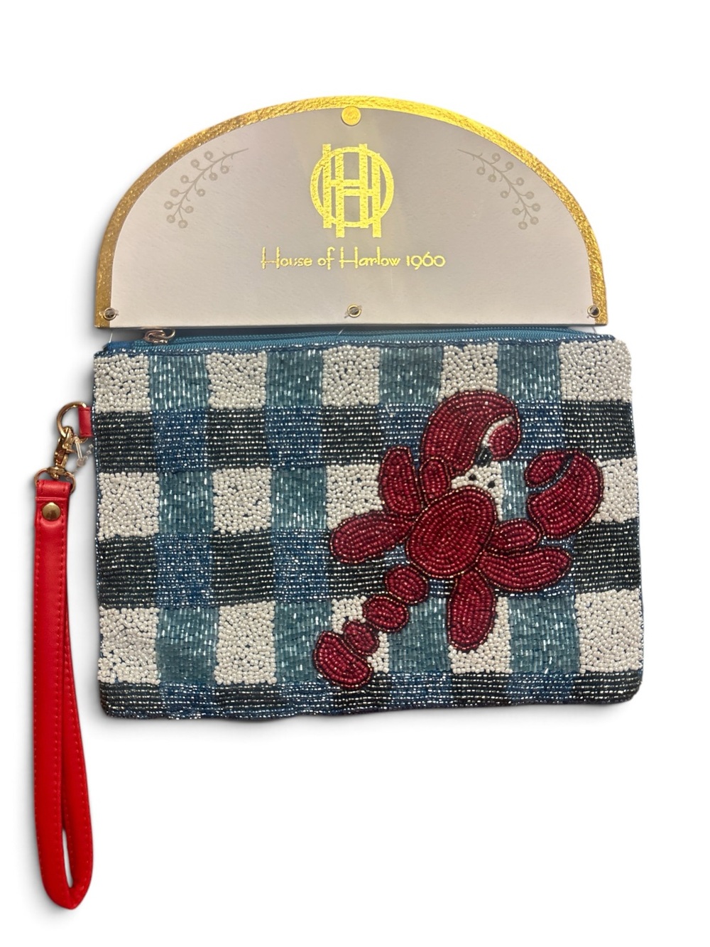 House of Harlow 1960 Blue & White Check Beaded Clutch with Red Lobster Appliqué